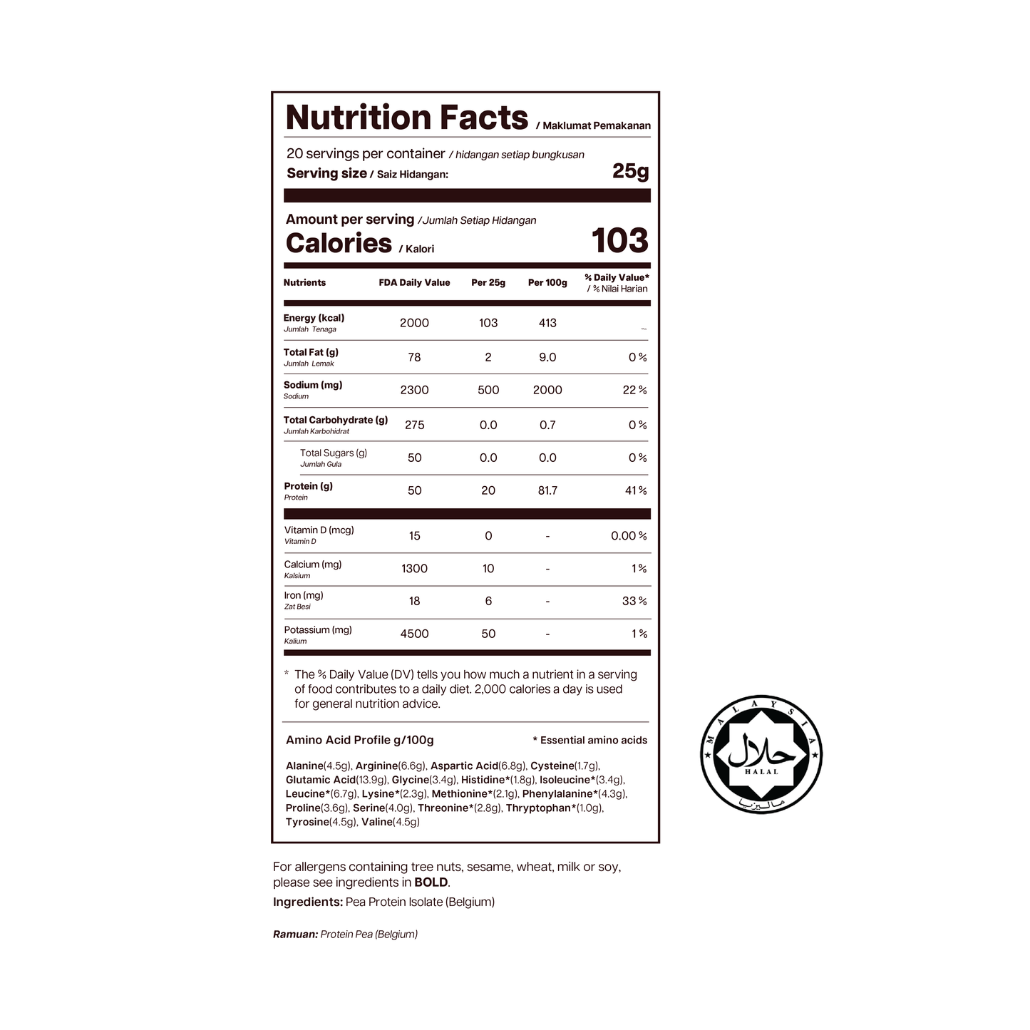 nutritional table Original Pea Protein Isolate - Unflavoured