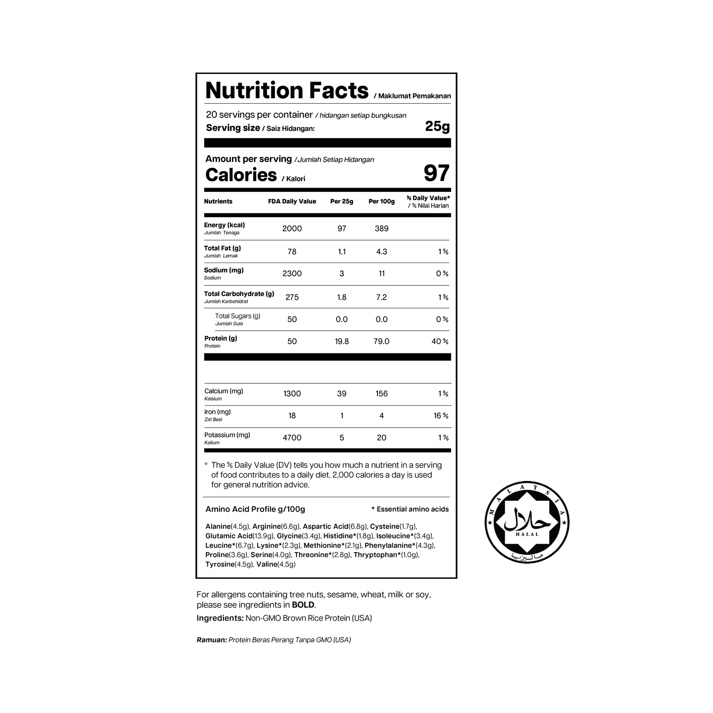 nutritional table brown rice protein