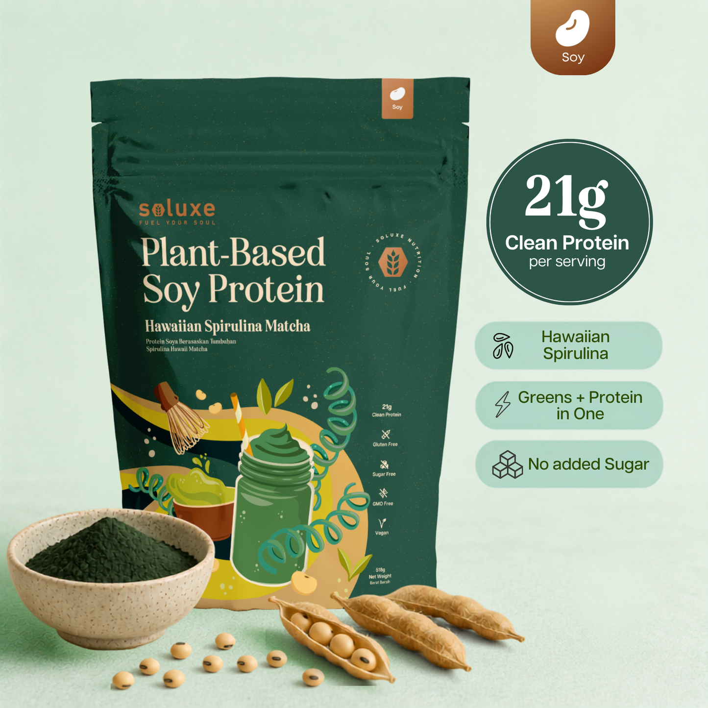 Hawaiian Spirulina Pacifica® Soy Protein with Matcha