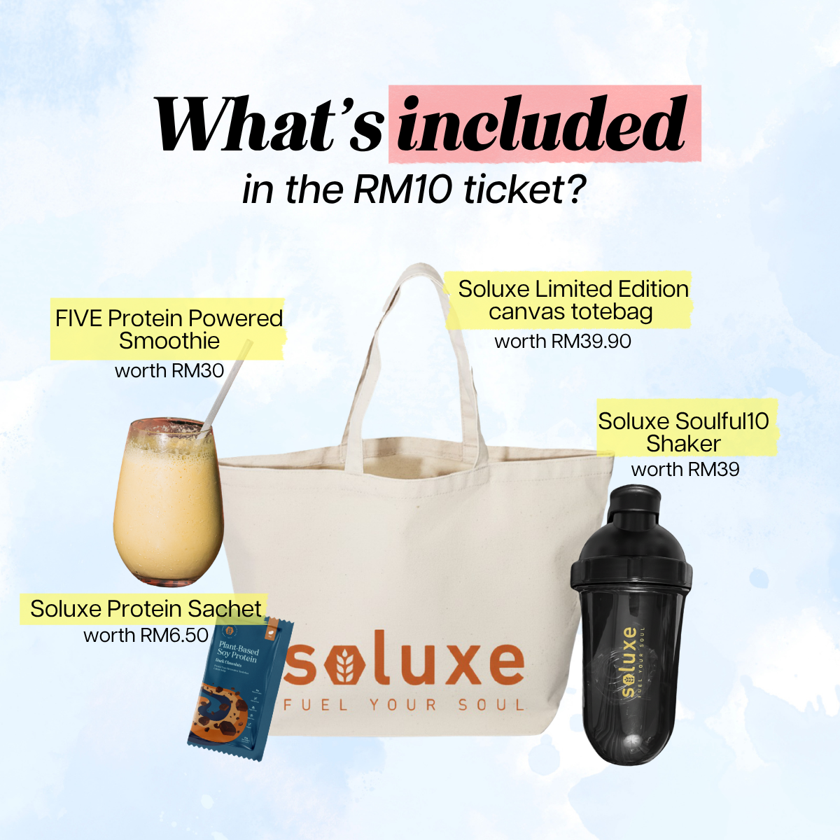 A protein sachet, a canvas tote bag, a shaker, a protein powered smoothies