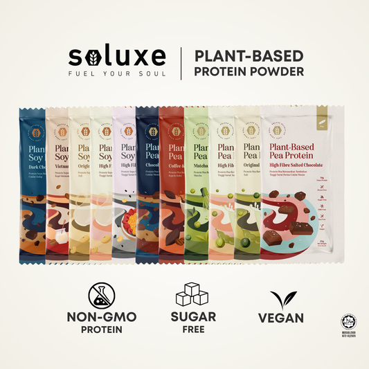 Soluxe plant-based protein powder packages on a white background

