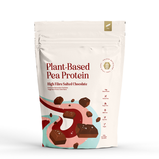 A packet of  Pea Protein High Fibre Salted Chocolate from Soluxe Nutrition